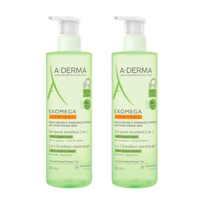 A-derma Exomega Control Gel Limpiador Emoliente 2 en 1 Anti-irritacion Duplo 500ml + 500ml