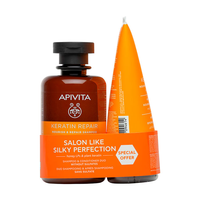 Apivita Pack Champú Keratin Repair Nutritivo y Reparador Cabello Seco y Dañado 250ml + Acondicionador 150ml