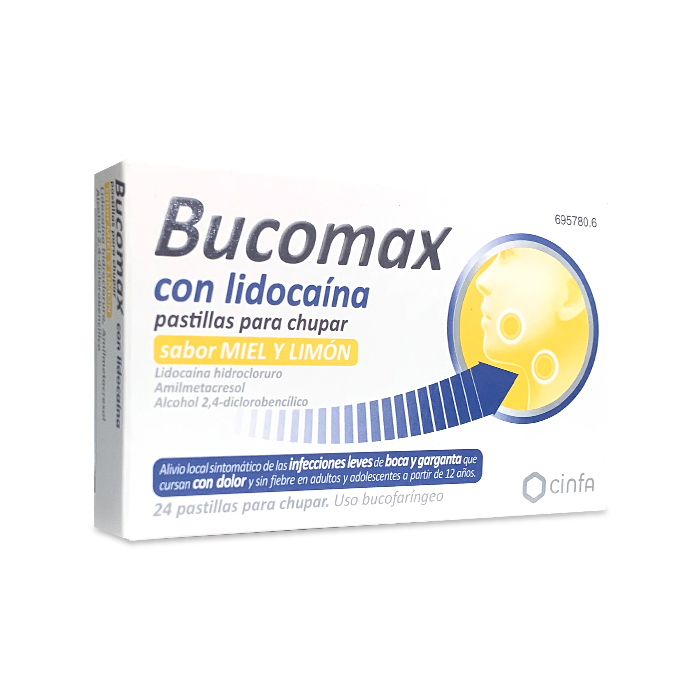 Bucomax con Lidocaína Sabor Miel y Limón 24 Pastillas Para Chupar
