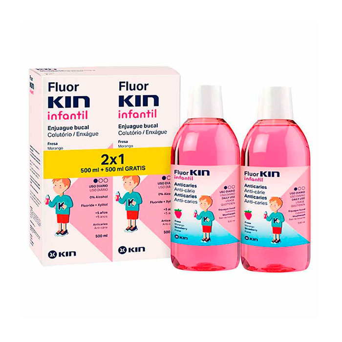 Kin Fluor Infantil Enjuague Bucal Fresa Duplo 500ml + 500ml