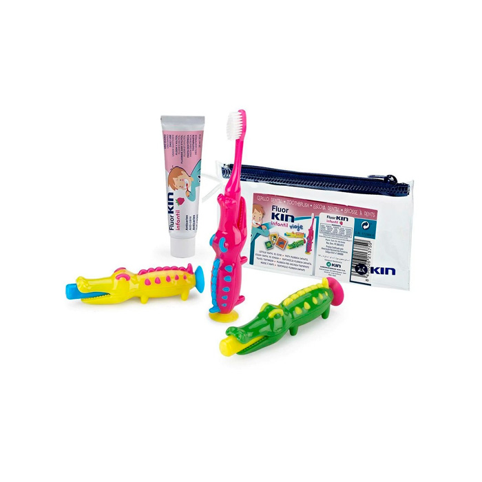 Kin Fluor Infantil Pasta Dentífrica Fresa 25ml + Cepillo Dental Infantil Cocodrilo + Neceser