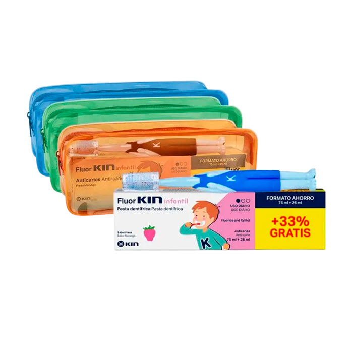 Kin Fluor Infantil Pasta Dentífrica Fresa 75ml + 25ml + Cepillo Dental Infantil + Neceser