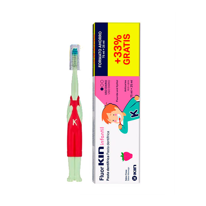 Kin Fluor Infantil Pasta Dentífrica Fresa 75ml + 25ml + Cepillo Dental Infantil Gratis