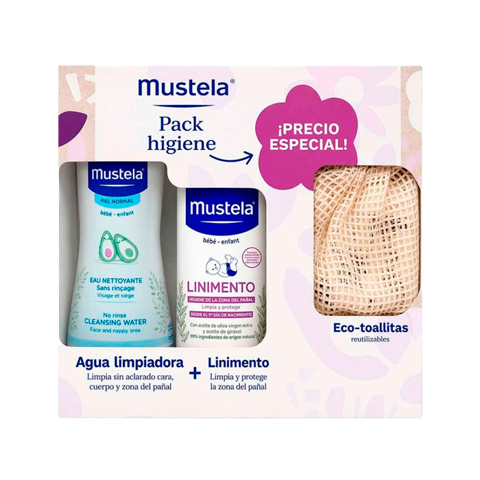 Mustela Pack Higiene Agua Limpiadora 300ml + Linimento 400ml + Eco-toallitas