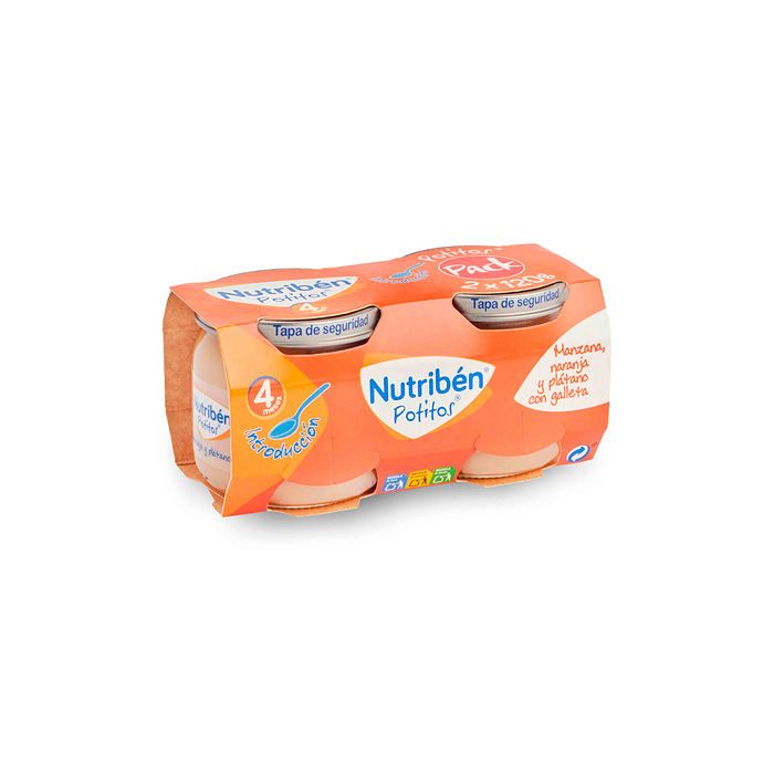 Nutribén Potitos Manzana, Naranja y Plátano con Galleta Duplo 120g + 120g