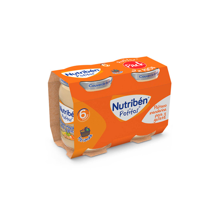 Nutribén Potitos Plátano Mandarina Pera y Galleta Duplo 190g + 190g