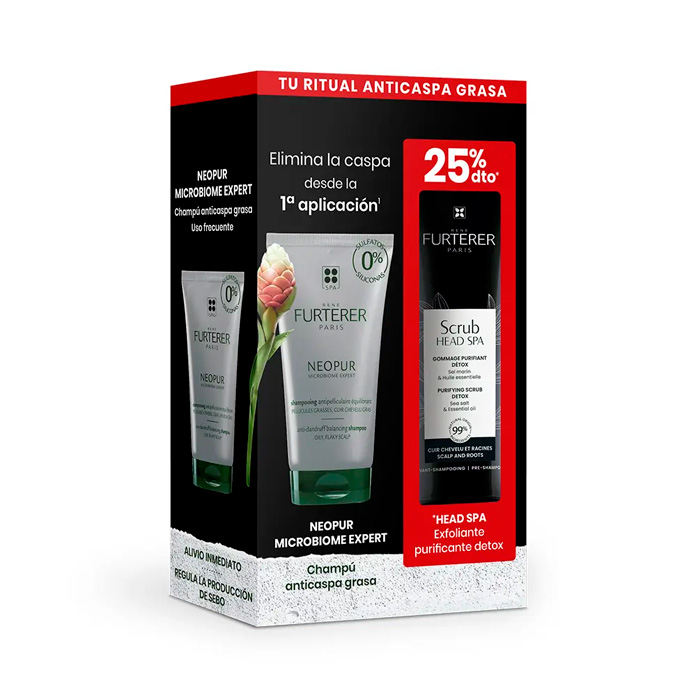Rene Furterer Neopur Champú Equilibrante Anticaspa Cuero Cabelludo Graso 150ml + Scrub Head Spa Exfoliante Purificante Detox 150ml
