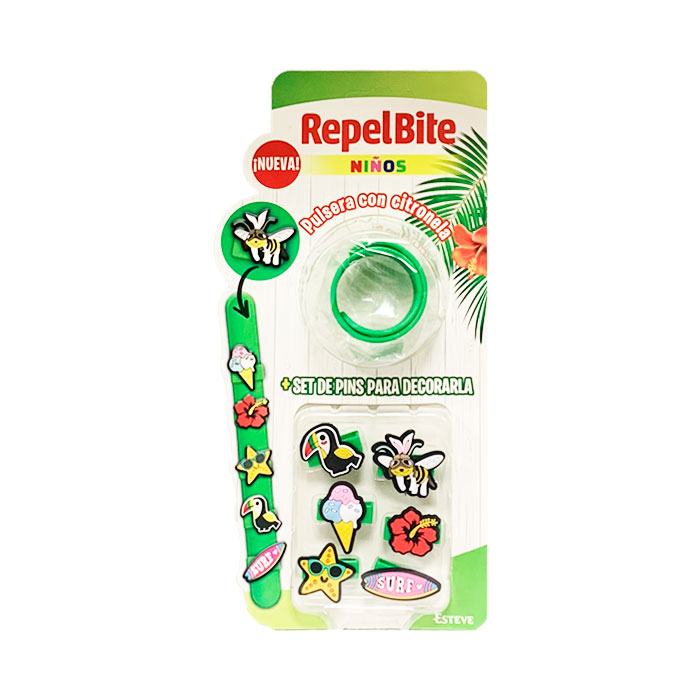 Repel Bite Pulsera Cintronela Verde + Pins Decorativos
