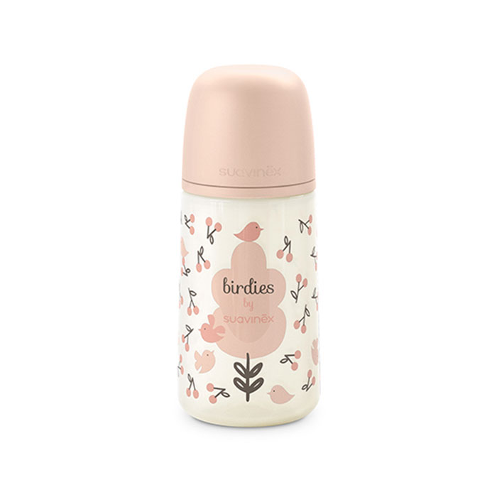 Suavinex Biberón Birdies con Tetina Fisiológica Sx Pro Silicona Flujo Medio +3m 270ml Rosa