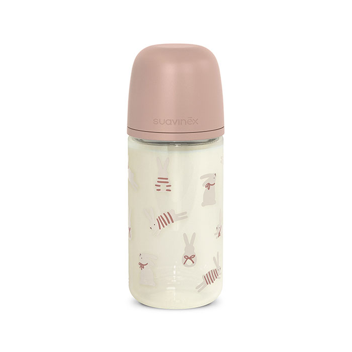Suavinex Biberón Vidrio Wonderland Tetina Fisiológica Sx Pro Silicona Flujo Medio 240ml Conejos Rosa