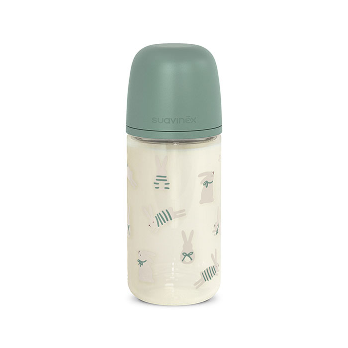 Suavinex Biberón Vidrio Wonderland Tetina Fisiológica Sx Pro Silicona Flujo Medio 240ml Conejos Verde