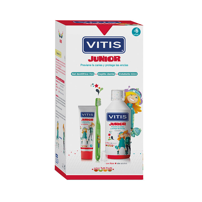 Vitis Pack Junior Cepillo + Colutorio 500ml + Regalo Gel Dentifrico Sabor Tutti Frutti 75ml